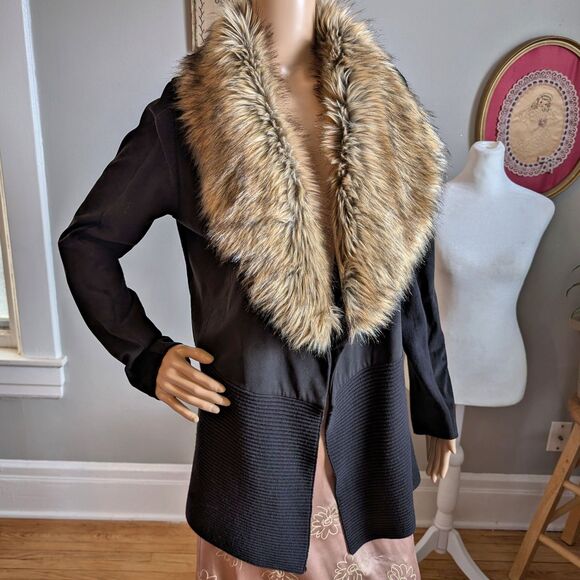 INC Knit Cardigan Sweater Faux Suede Fur Open Knit Size Large - Picture 1 of 10